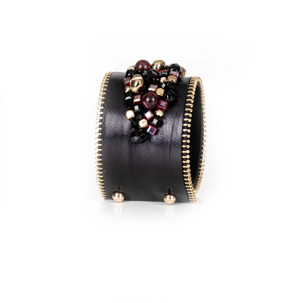 The Dark Black Leather Crystal Statement Cuff Ruby Glass & Gold Zip