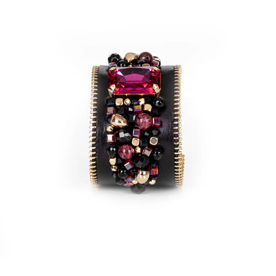 The Dark Black Leather Crystal Statement Cuff Ruby Glass & Gold Zip