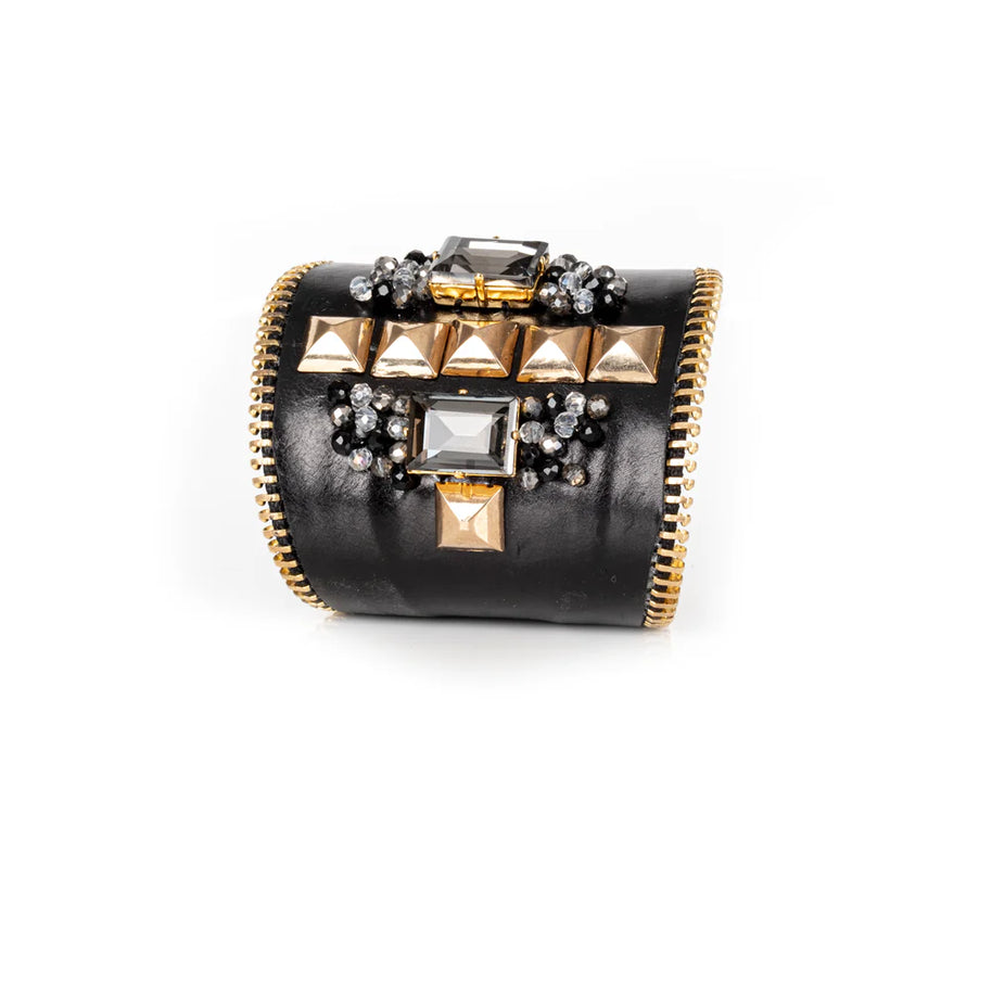 The Dark Black Leather Studded Cuff with Crystals & Gold Zipper Edge
