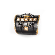 The Dark Black Leather Studded Cuff with Crystals & Gold Zipper Edge