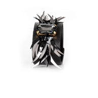 The Dark Black Leather Cuff with Faceted Crystal and Sculptural Metal