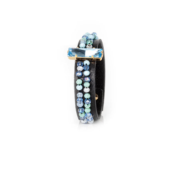 The Dark Azure Crystal Beaded Leather Cuff Bracelet