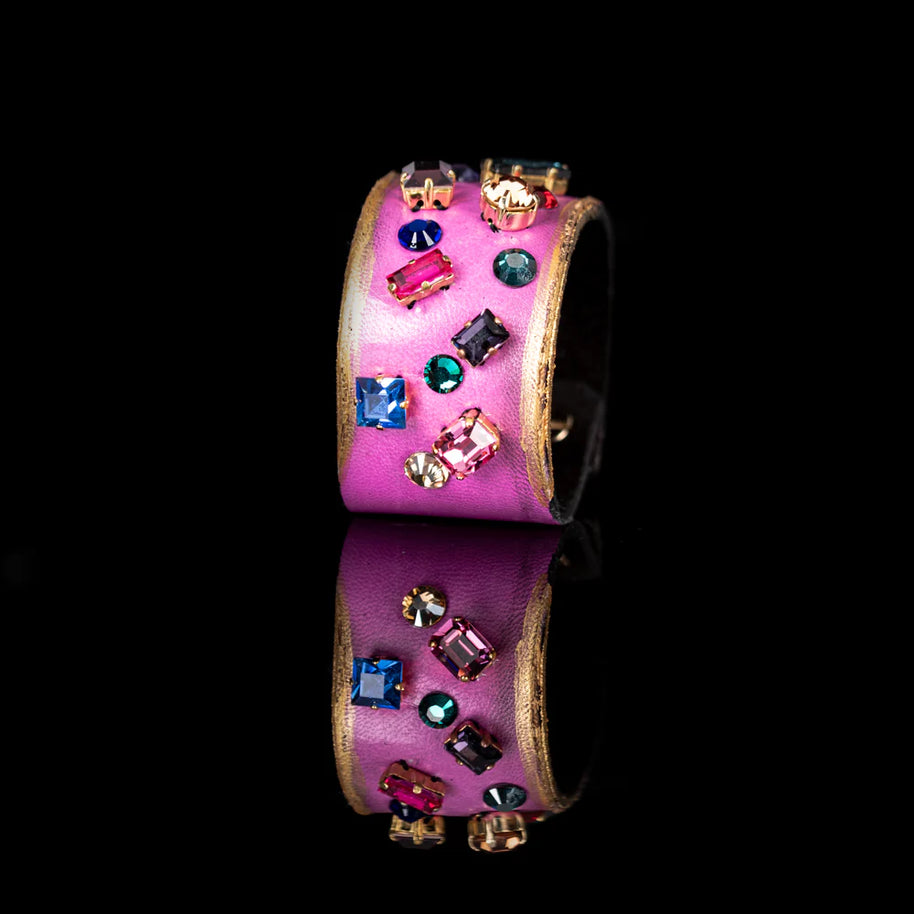 The Dark Pink Leather Crystal Cuff Bracelet with Multicolor Gemstones