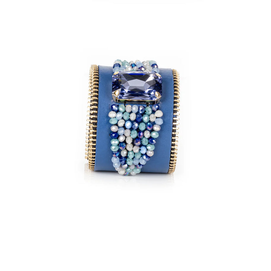 The Dark Azure Cascade Cuff Blue Leather Crystal Drop Statement Bracelet