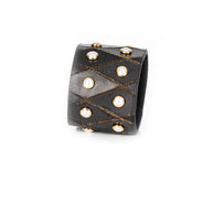The Dark Black Leather Geometric Studded Cuff Bracelet with Pearl Accents
