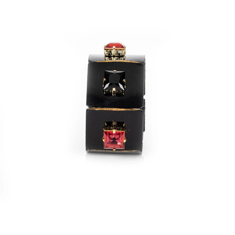 The Dark Black Leather Crystal Cuff Bracelet with Red & Black Square Stones