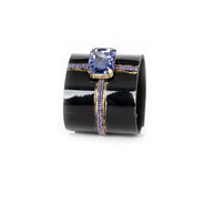 The Dark Black Leather Crystal Cuff Bracelet with Blue Stone