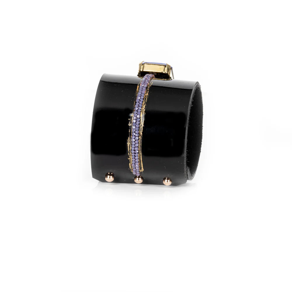 The Dark Black Leather Crystal Cuff Bracelet with Blue Stone