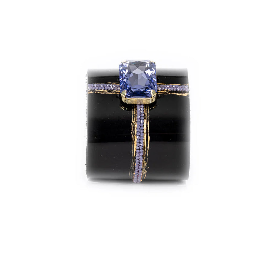 The Dark Black Leather Crystal Cuff Bracelet with Blue Stone
