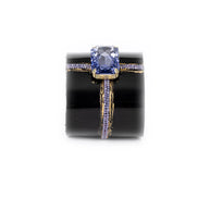 The Dark Black Leather Crystal Cuff Bracelet with Blue Stone