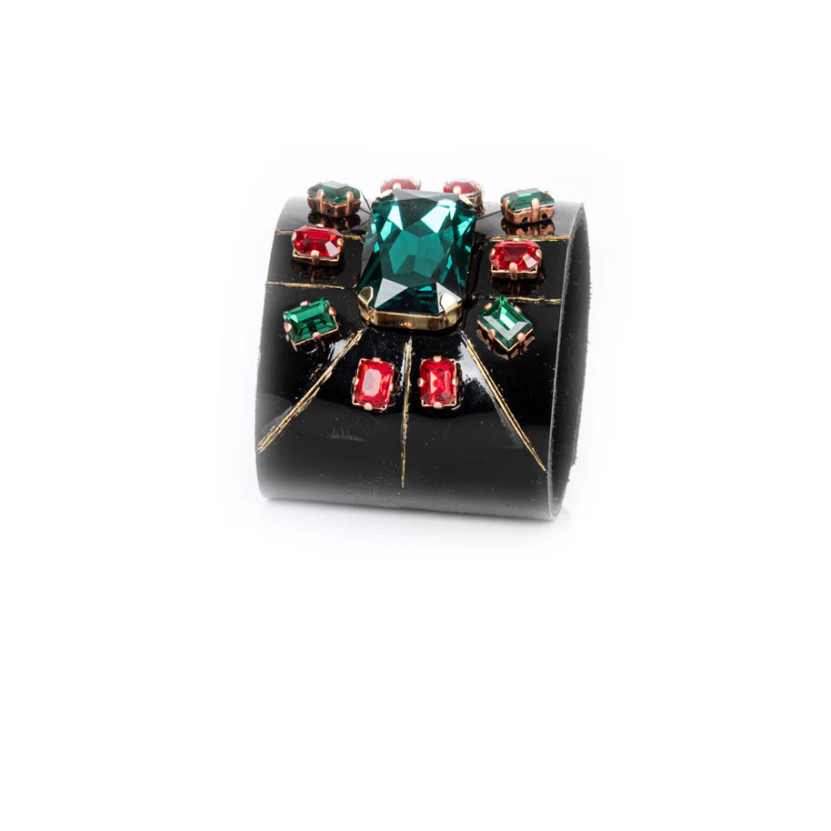 The Dark Black Leather Crystal Cuff Bracelet with Green Center Stone & Red Accents
