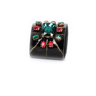 The Dark Black Leather Crystal Cuff Bracelet with Green Center Stone & Red Accents