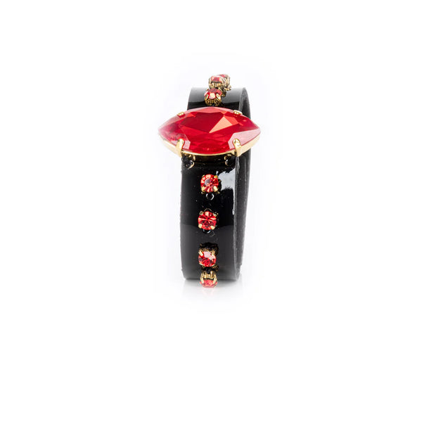 The Dark Black Leather Crystal Cuff Bracelet with Large Red Stone