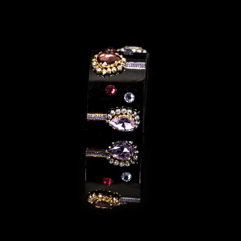 The Dark Black Leather Crystal Cuff Bracelet with Multicolor Stones