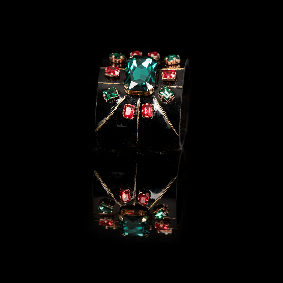 The Dark Black Leather Crystal Cuff Bracelet with Green Center Stone & Red Accents
