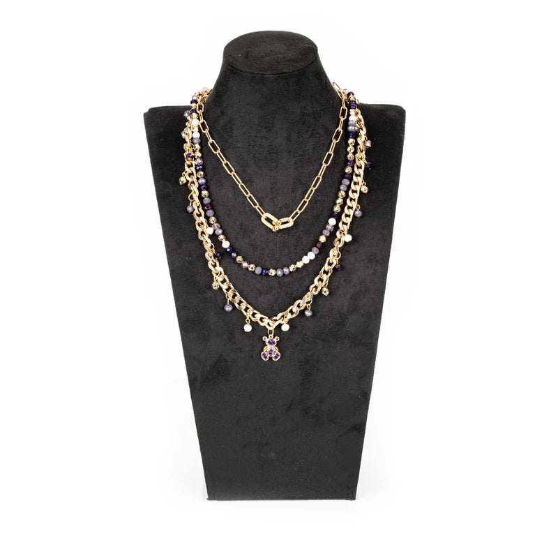 The Dark Layered Gold Chain Necklace with Purple Crystal Bear Charm