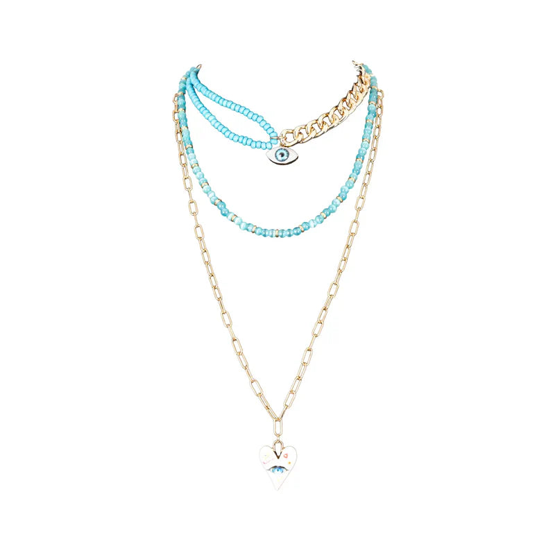 The Dark Layered Turquoise Necklace with Evil Eye Heart Pendant