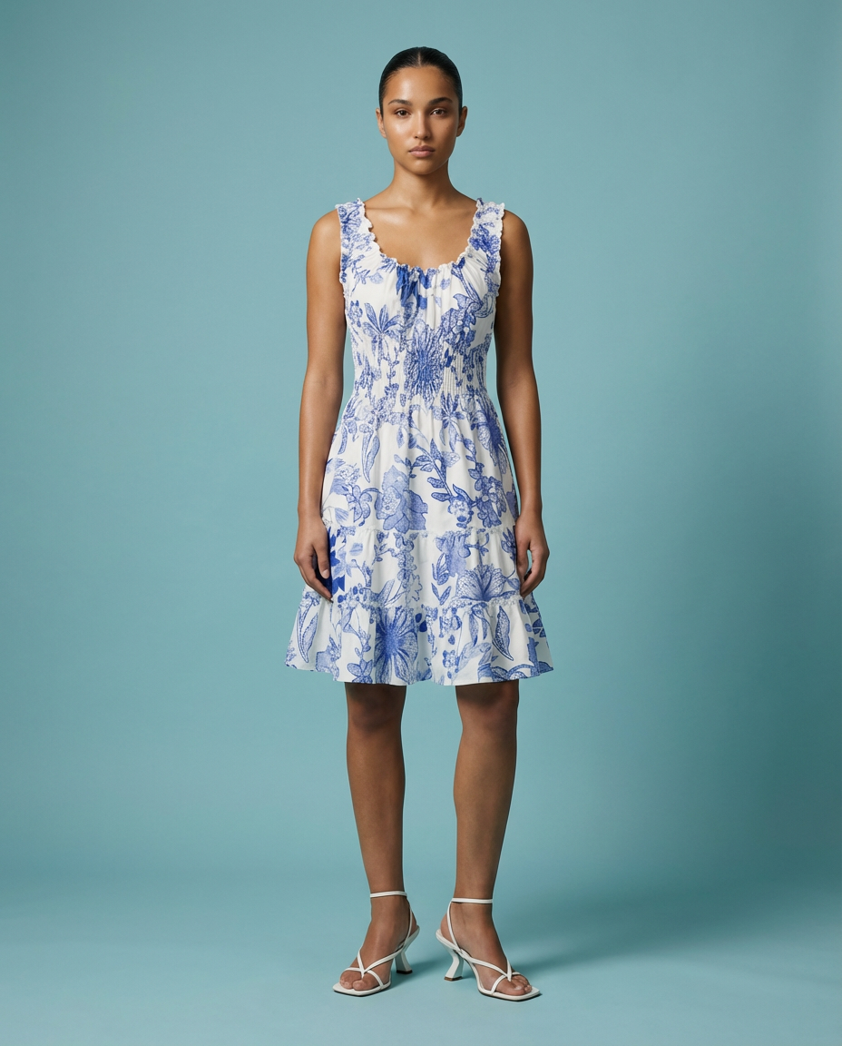 Blue Floral Smocked Tiered Mini Dress