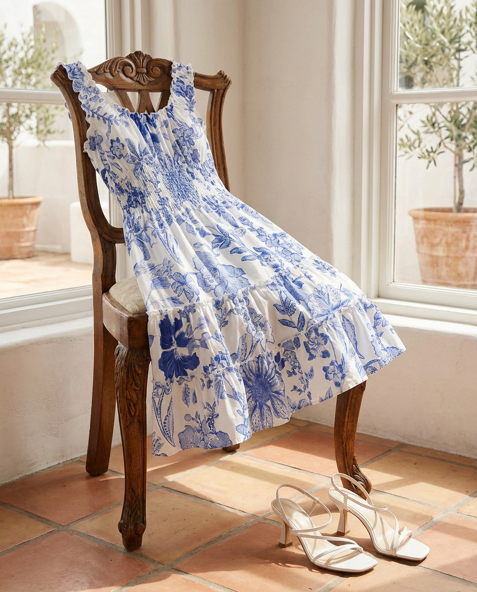 Blue Floral Smocked Tiered Mini Dress