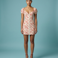 Cherry Print Puff Sleeve Front-Zip Mini Dress