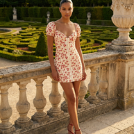 Cherry Print Puff Sleeve Front-Zip Mini Dress