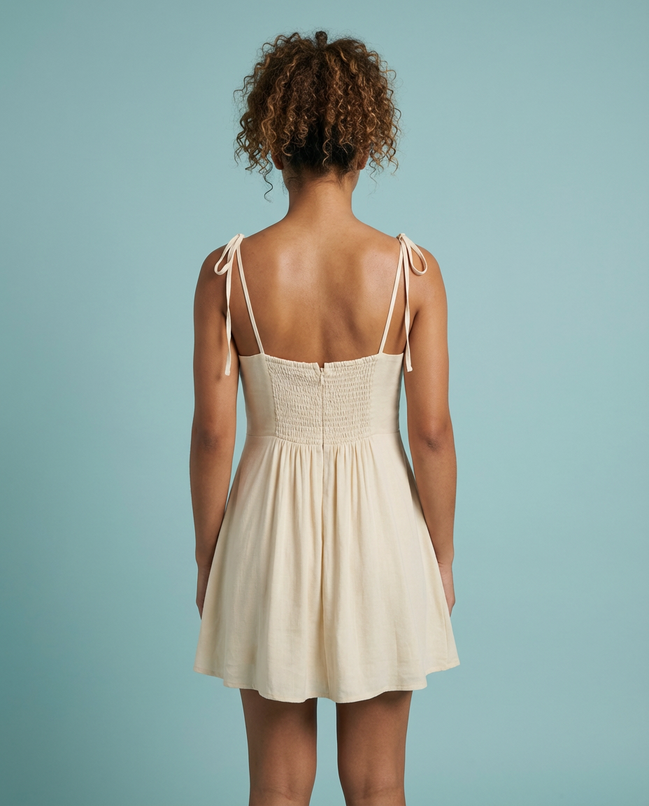 Cream Tie-Strap Square-Neck Babydoll Mini Dress