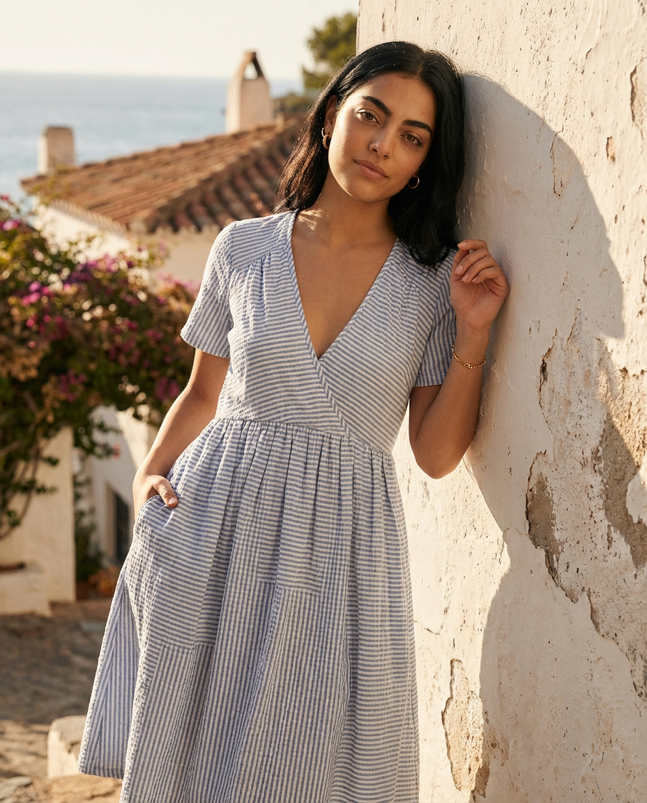 Striped Seersucker V-Neck Wrap Mini Dress