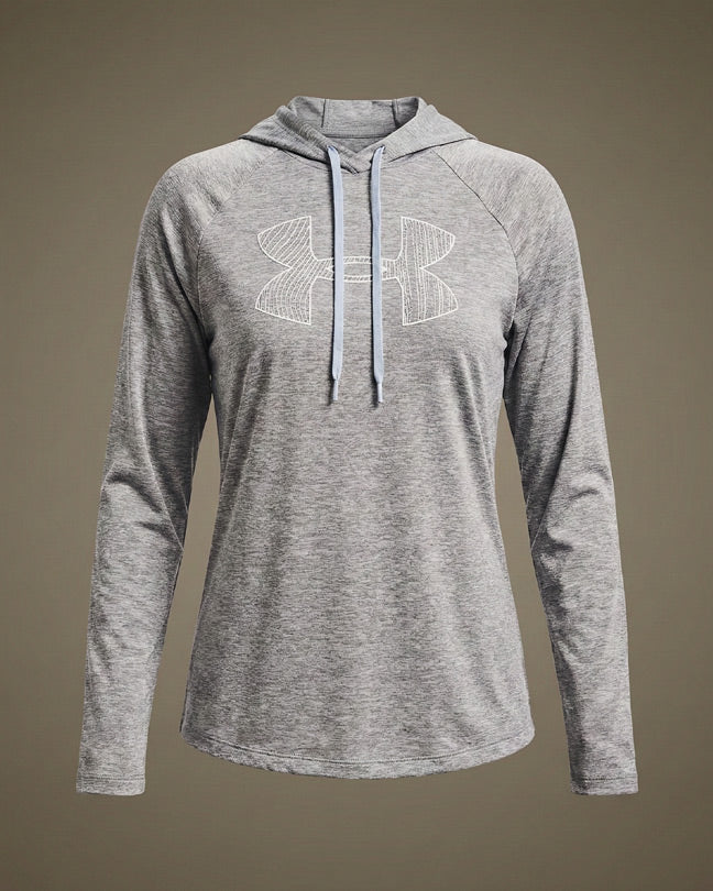 Gray long-sleeve athletic hoodie with drawstrings and a front logo, displayed on mannequin