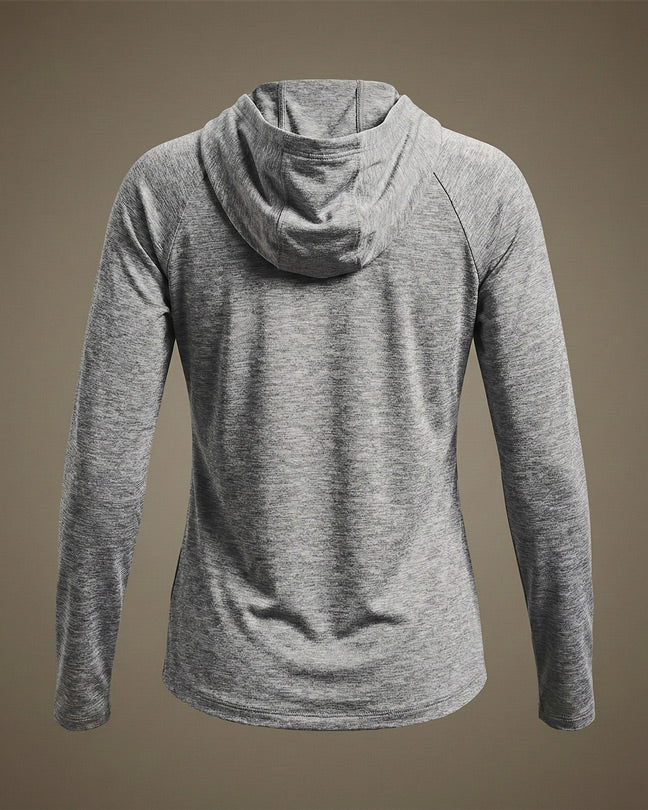 Back view of grey long sleeve hooded sweatshirt with heathered fabric