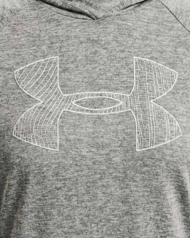 Grey athletic hoodie with large white stitched logo on front