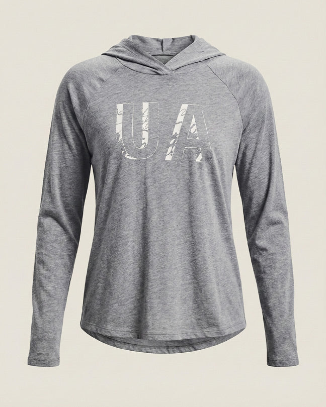 Gray long sleeve hooded shirt with UA text graphic on front, casual activewear style