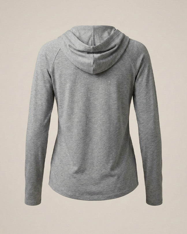 Back view of a gray long-sleeve hooded sweatshirt on a neutral background
