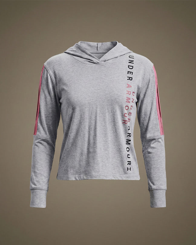 Gray long sleeve hooded shirt with pink stripes and vertical UNDER ARMOUR logo on front