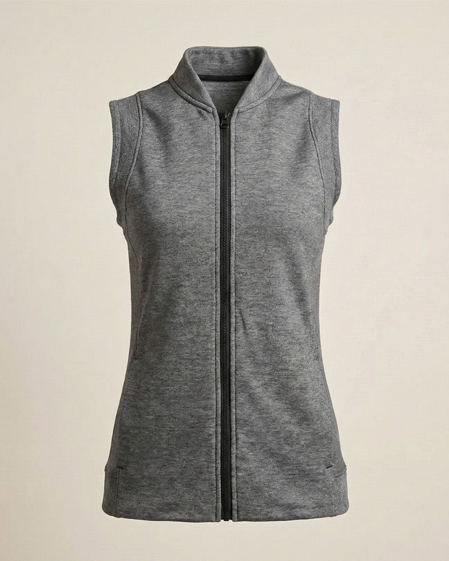 Sleeveless gray zip-up vest with stand collar, displayed on a neutral background
