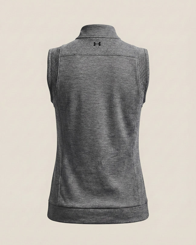 Back view of a sleeveless gray athletic vest with a high collar and subtle logo detail.
