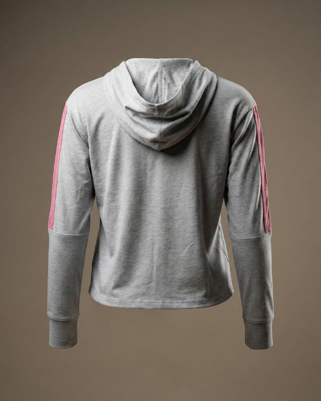 Gray hooded sweatshirt with pink stripes on sleeves, back view