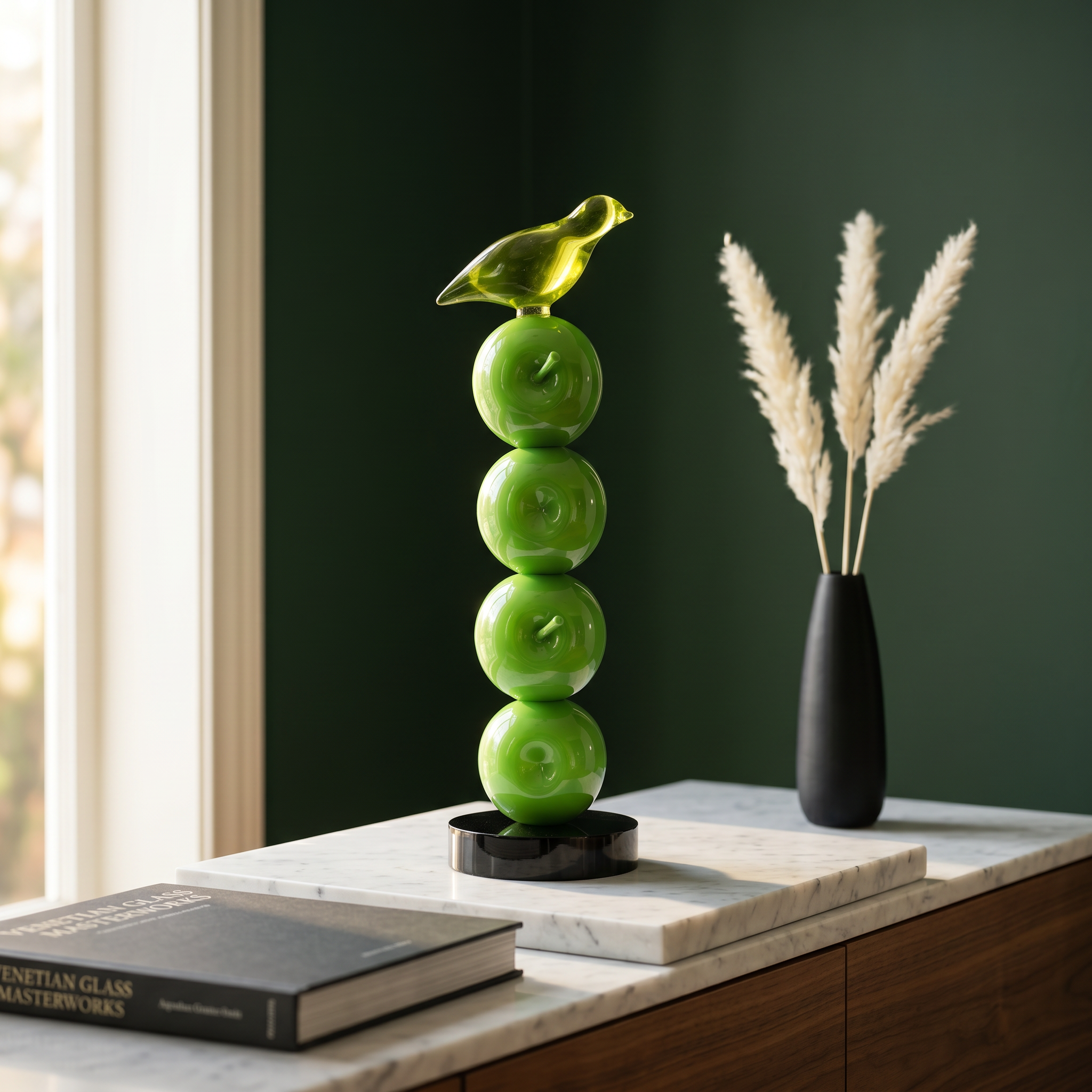 Tati deco Green glass bird stack small