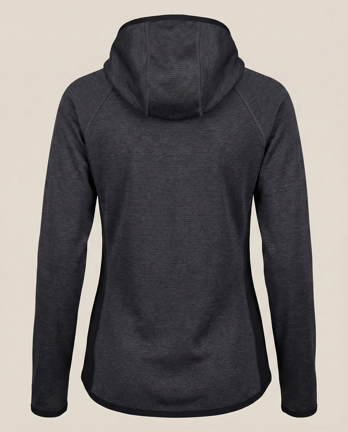 Back view of a dark grey long sleeve hoodie with hood, casual sweatshirt