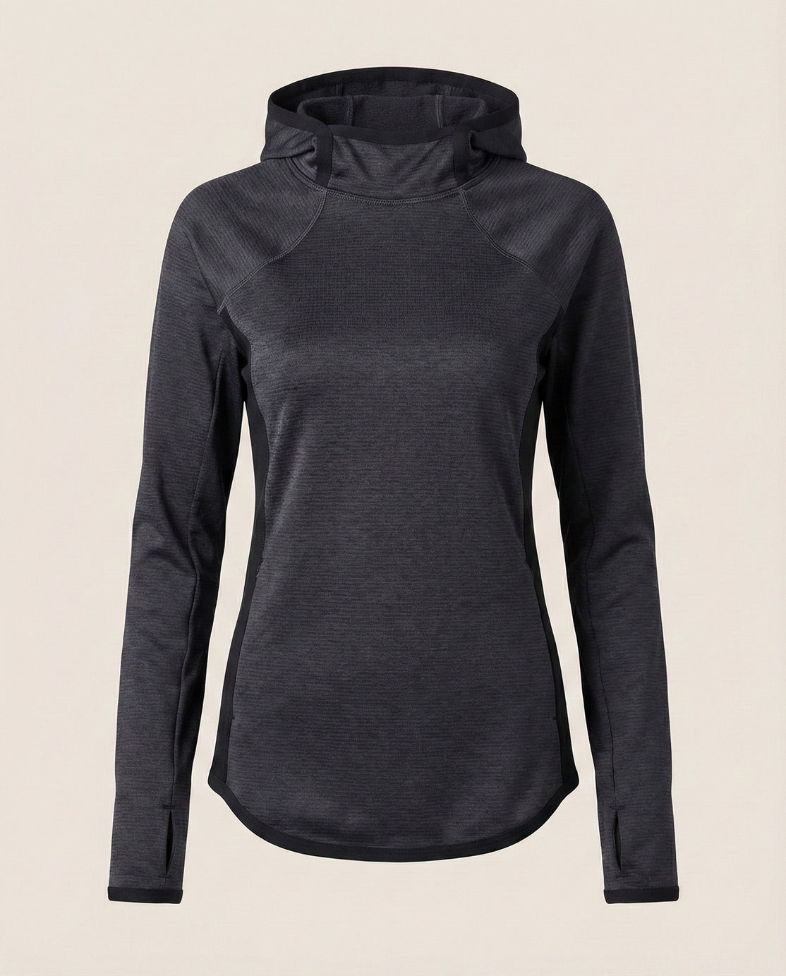 Dark grey long sleeve hoodie with thumb holes, front view on plain background