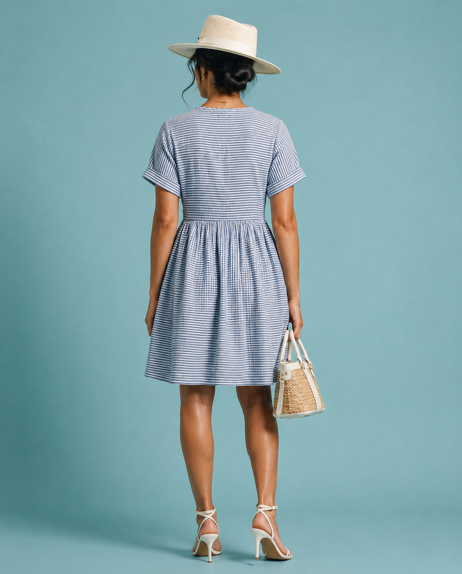 Striped Seersucker V-Neck Wrap Mini Dress