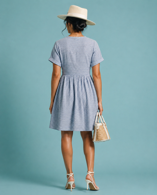 Striped Seersucker V-Neck Wrap Mini Dress