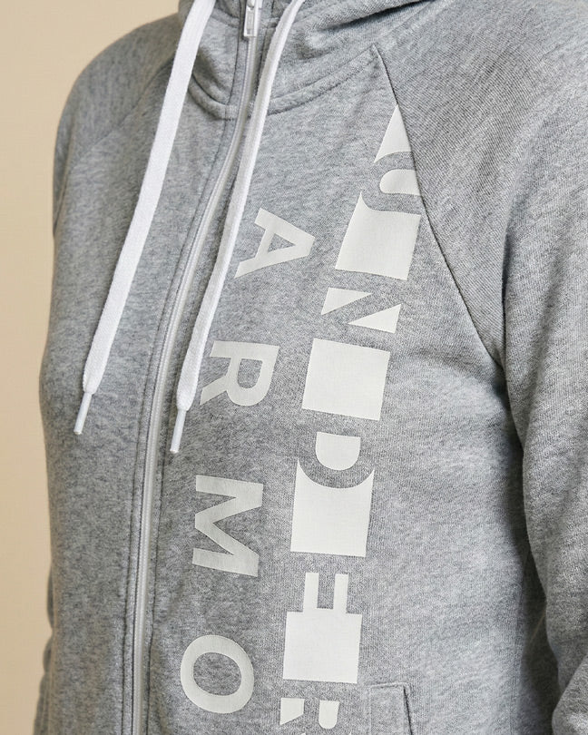 Gray zip-up hoodie with white drawstrings and bold vertical text on front
