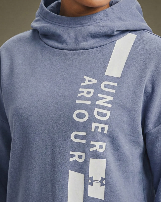 Blue hooded sweatshirt with bold diagonal 'Under Armour' white text and logo detail.