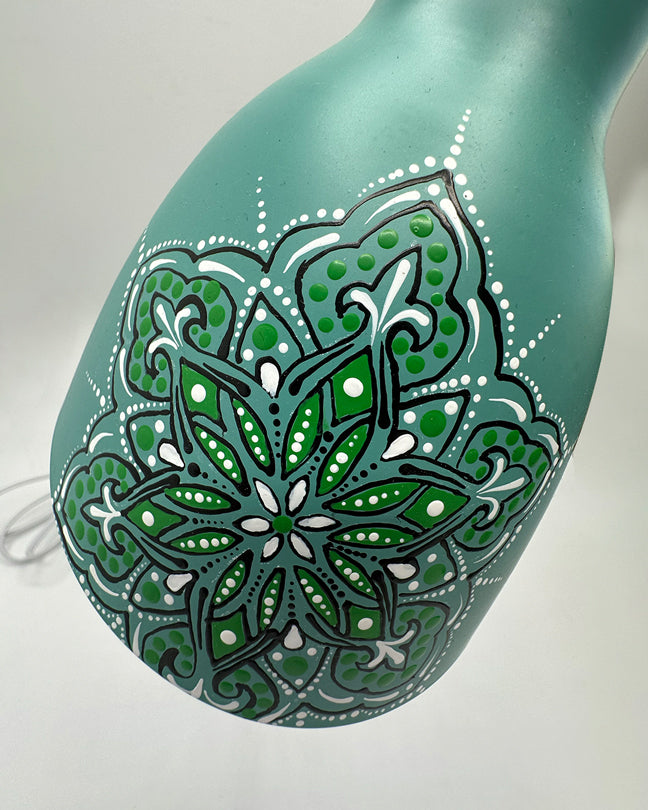 Metallic Green Lamp - Hand painted Mandala