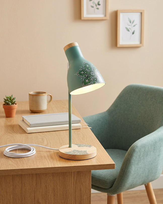 Metallic Green Lamp - Hand painted Mandala