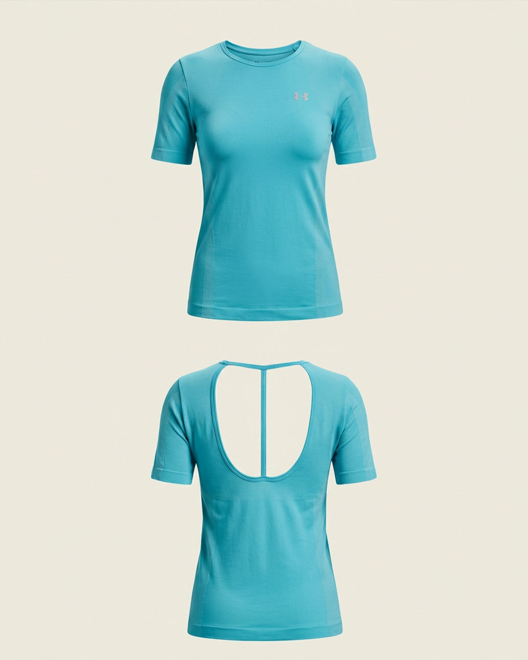 Light blue women's athletic t-shirt, short sleeves, open back design, front and back views