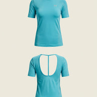 Light blue women's athletic t-shirt, short sleeves, open back design, front and back views