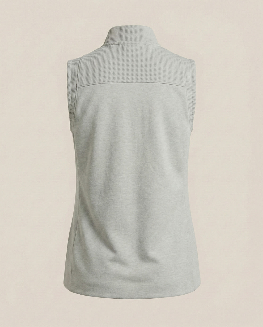 Back view of a light gray sleeveless top with textured yoke and collar on neutral background