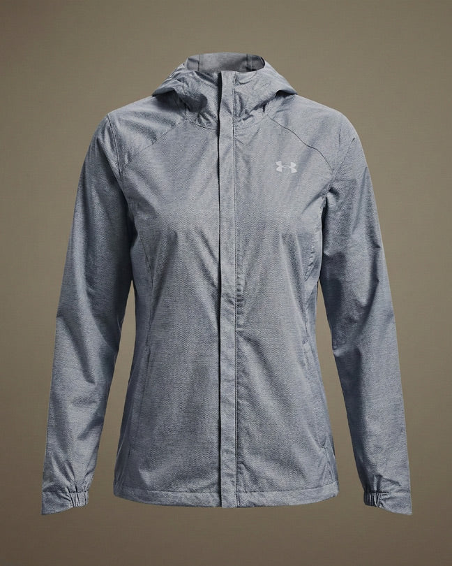Light gray women's hooded jacket with zipper front and long sleeves, displayed on mannequin