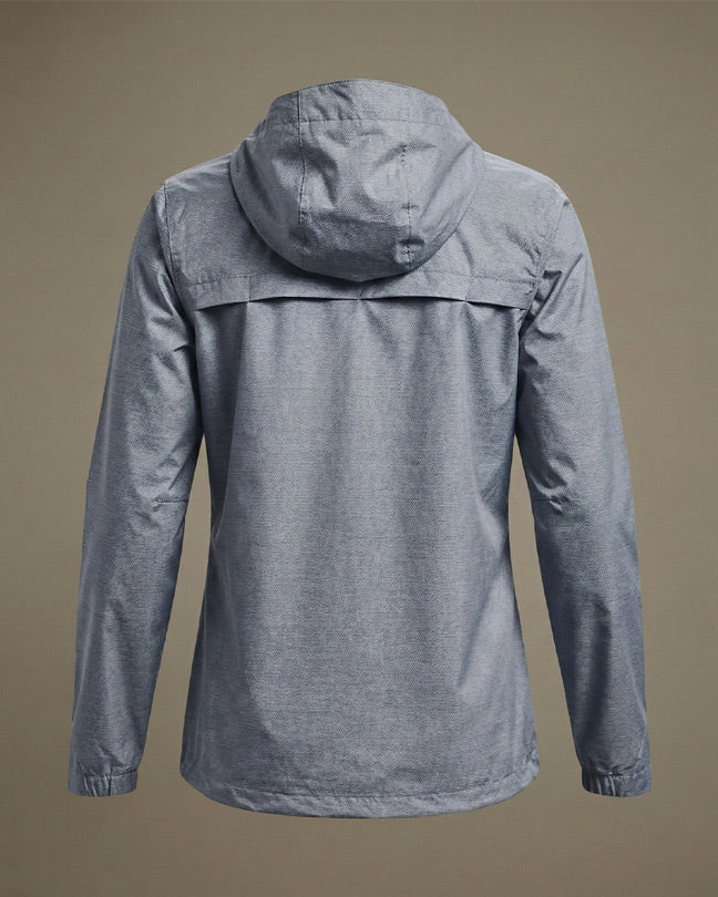 Light grey hooded jacket with long sleeves, viewed from the back, on neutral background